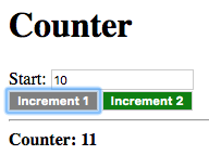 Start: 10, Increment 1, Increment 2 (green), Counter: 11