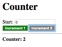Start: 0, Increment 1 (green), Increment 2, Counter: 2