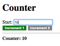 Start: 10, Increment 1 (green), Increment 2, Counter: 10