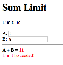 Limit: 10, A: 2, B: 9, A + B = 11 (red), Limit Exceeded! (red)
