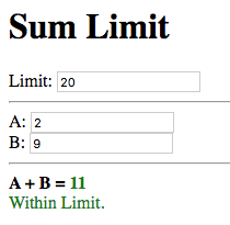 Limit: 20, A: 2, B: 9, A + B = 11 (green), Within Limit. (green)